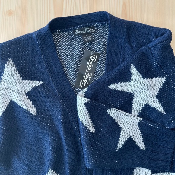 Evelyn Taylor Star Print Cardigan Sweater Knit Open Front Blue Large NWT - Picture 1 of 11